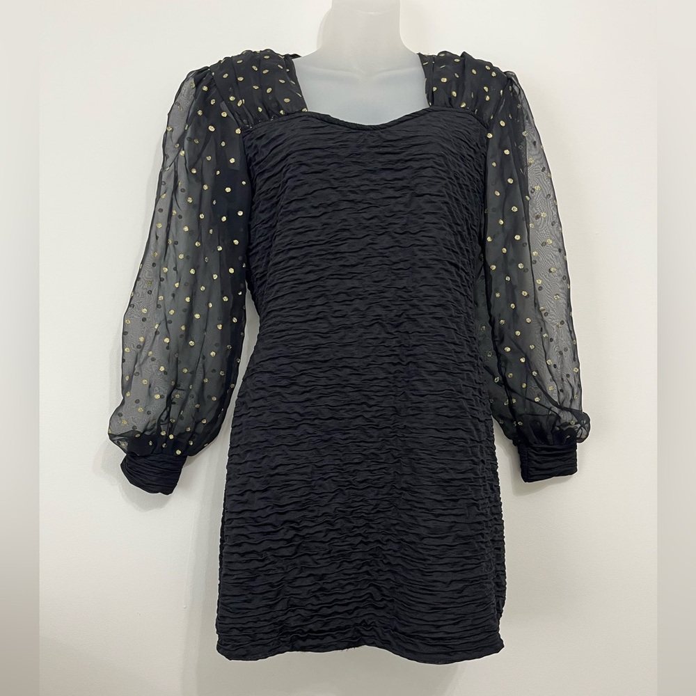 Black Dress with Sheer Gold Polka Dot Sleeves